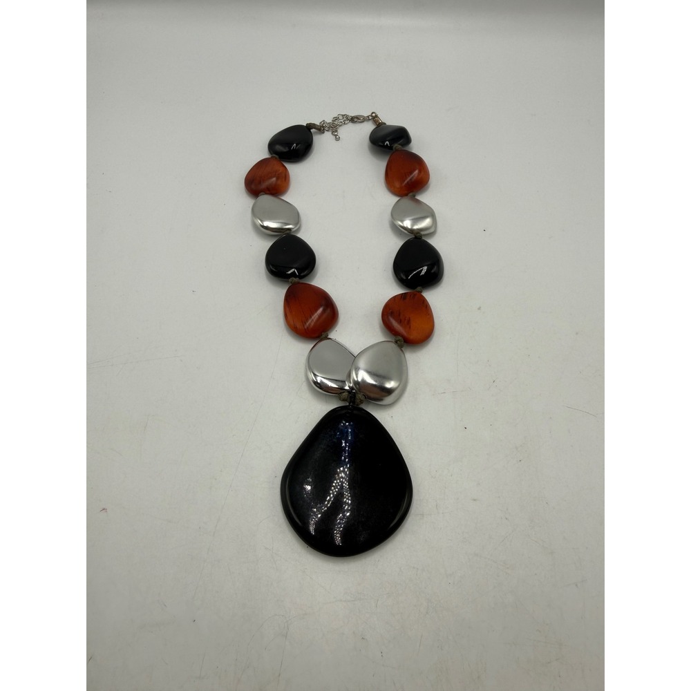 Chunky Statement Necklace Black Amber Silver Tone Resin Pebble Bead Pendant